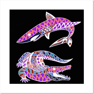 the shark and the gator in crazy pattern Posters and Art